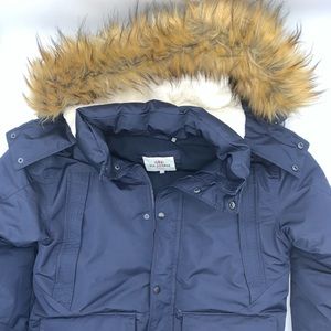 Ben Sherman Long Faux Fur Navy Blue Winter Puffer Jacket